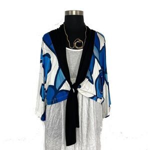 Ralston XL Blue Inox Kimono Jacket Cardigan Geometric Art To Wear Lagenlook Tie